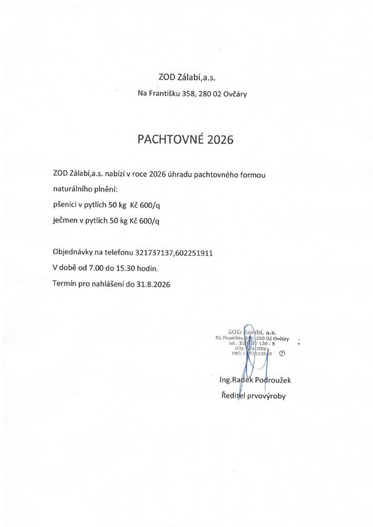 Pachtovné 2026